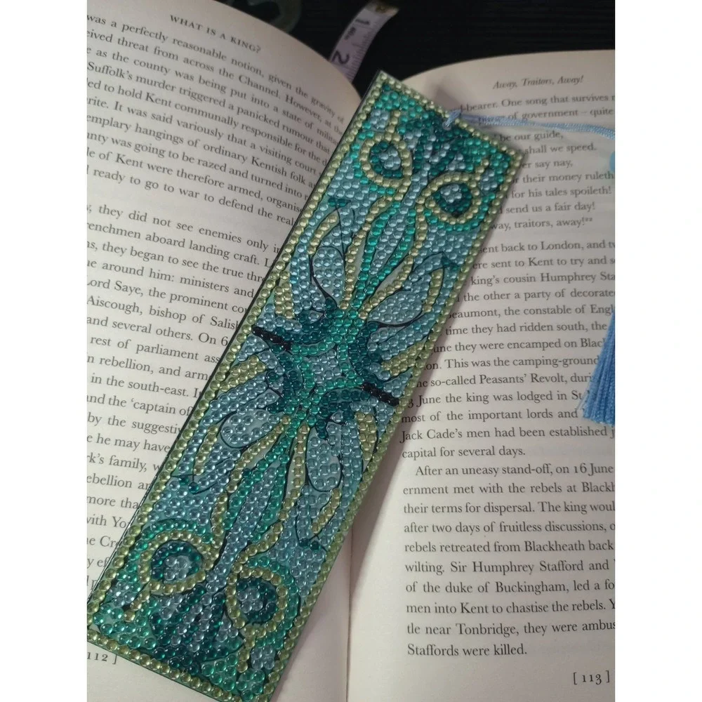 Handmade Diamond Art Bookmark Blue Green Tassel Acrylic Beaded 7.75